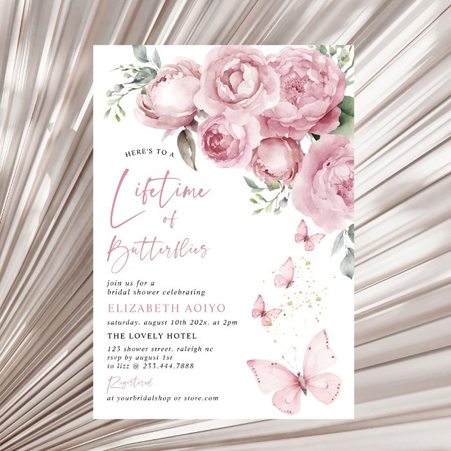 Invitation Fête des mariées florale rose de la vie des papill (Créateur téléchargé)