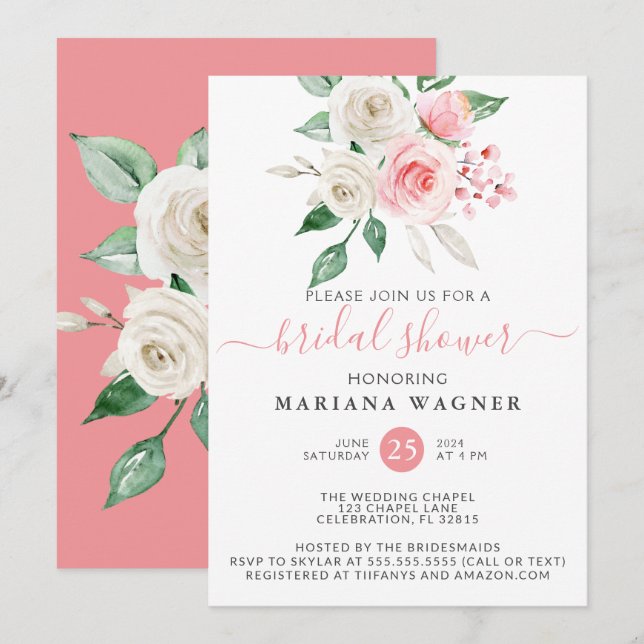 Invitation Fête des mariées florale rose de Pêche (Devant / Derrière)