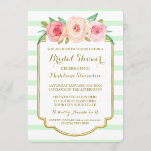 Invitation Fête des mariées florale rose or à la menthe