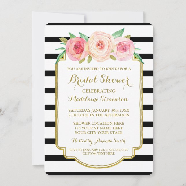 Invitation Fête des mariées florale rose or noir (Dos)