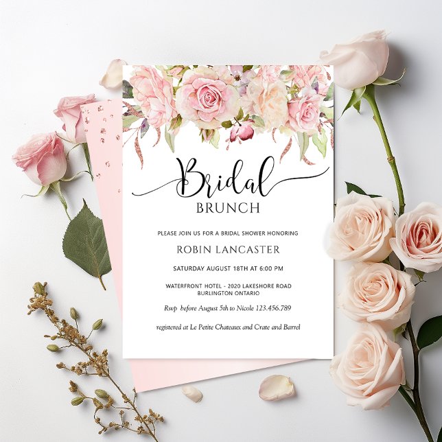 Invitation Fête des mariées Florale Rose, Or Rose / Brunch (Créateur téléchargé)