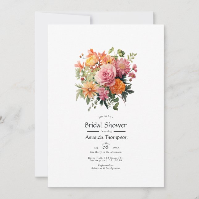 Invitation Fête des mariées florale rose, orange et verte (Devant)