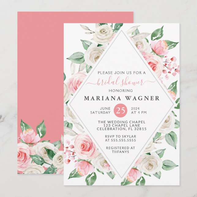 Invitation Fête des mariées florale rose pâle (Devant / Derrière)
