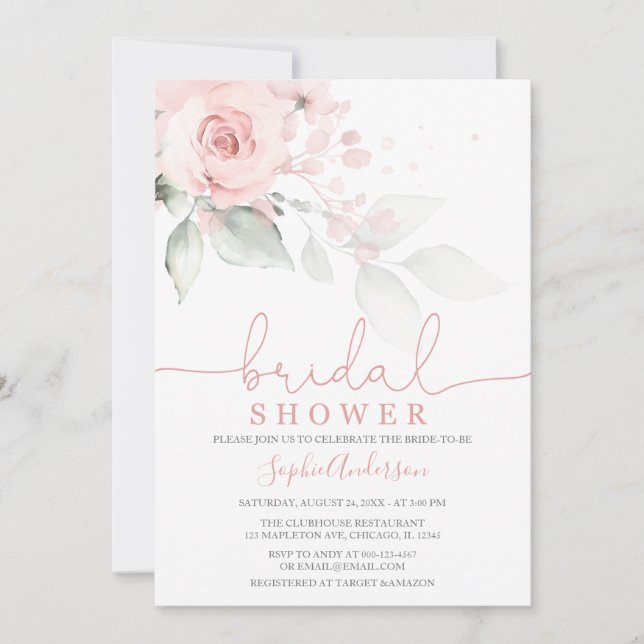 Invitation Fête des mariées florale rose pâle et poussiéreuse (Devant)
