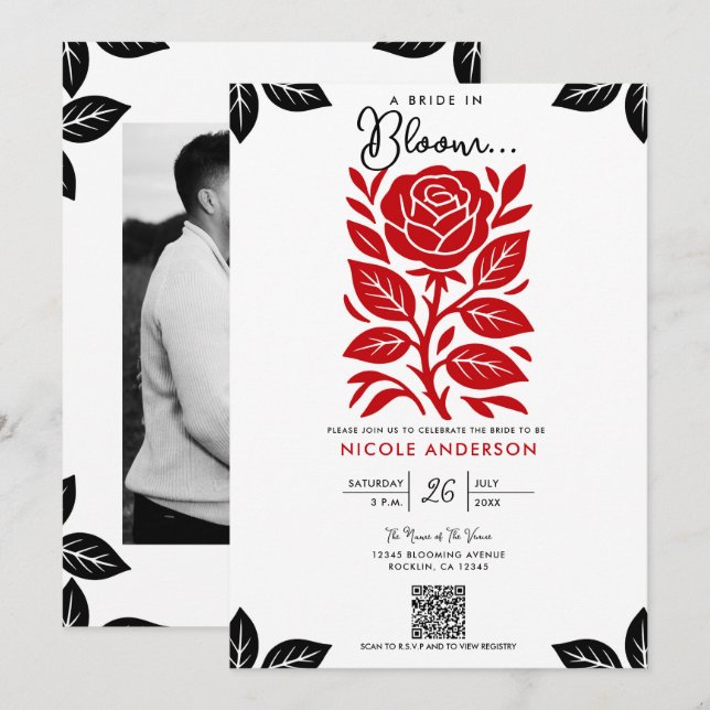 Invitation Fête des mariées florale Rose rouge et noir (Devant / Derrière)