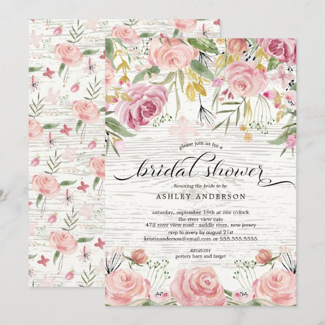Invitation Fête des mariées florale rose rustique (Devant / Derrière)