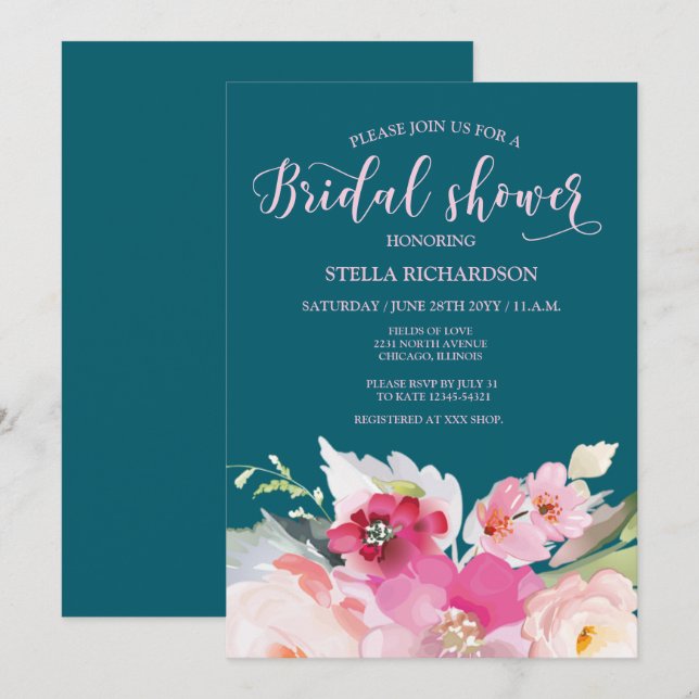 Invitation Fête des mariées florale rose turquoise (Devant / Derrière)