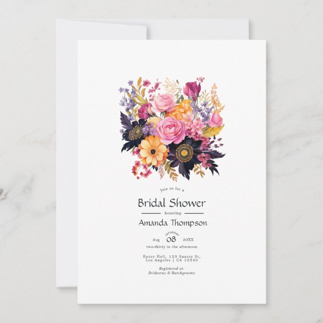 Invitation Fête des mariées florale rose, violet, noir et or (Devant)