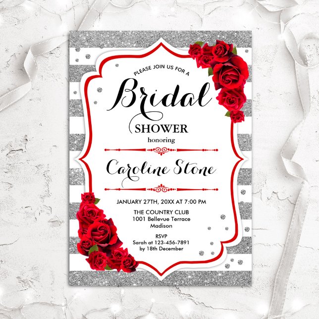 Invitation Fête des mariées Florale Rouge Argent (Créateur téléchargé)