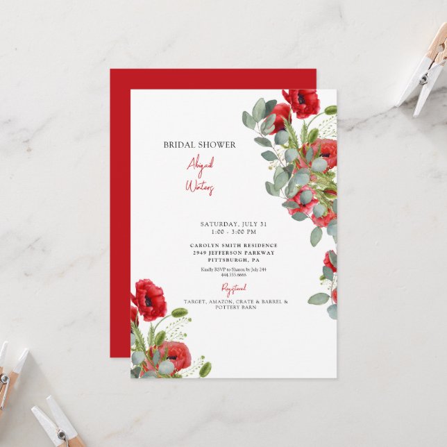 Invitation Fête des mariées florale rouge Eucalyptus dynamiqu (Devant/Arrière en situation)