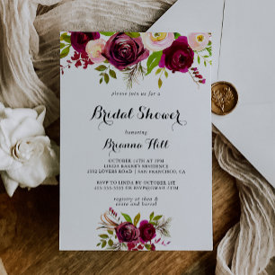 Invitation Fête des mariées florale rousse bordeaux rustique