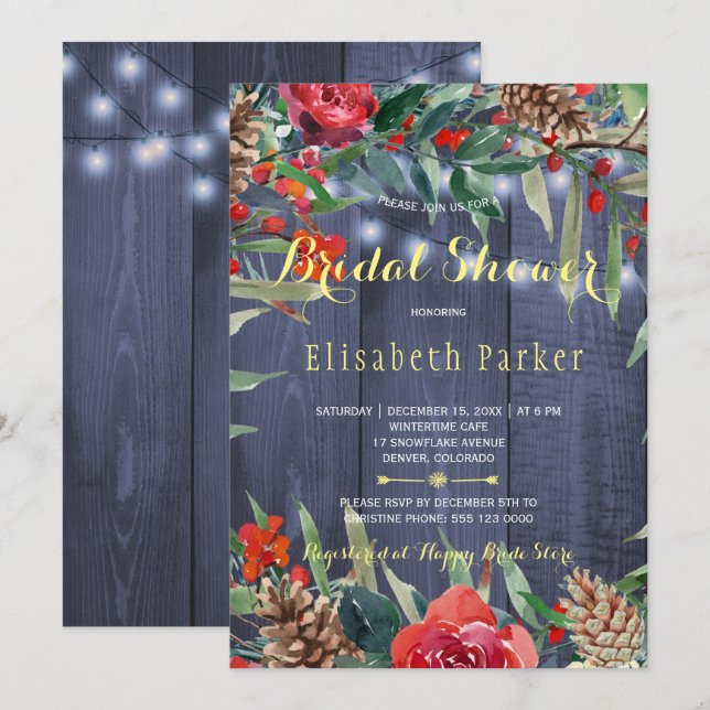 Invitation Fête des mariées Florale rustique d'hiver | Bois d (Devant / Derrière)