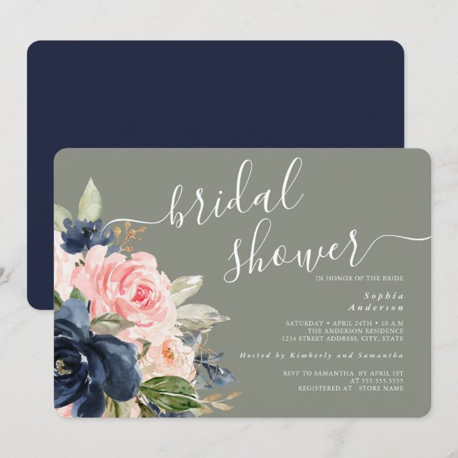 Invitation Fête des mariées florale Sage Green Navy (Devant / Derrière)