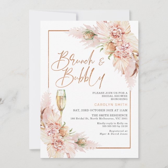 Invitation Fête des mariées florale sèche rose or Boho (Devant)