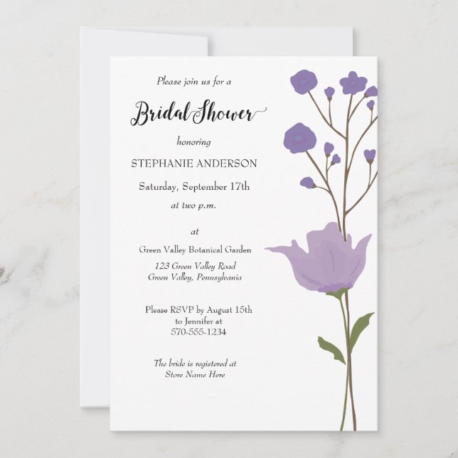 Invitation Fête des mariées florale simple et violette (Devant)