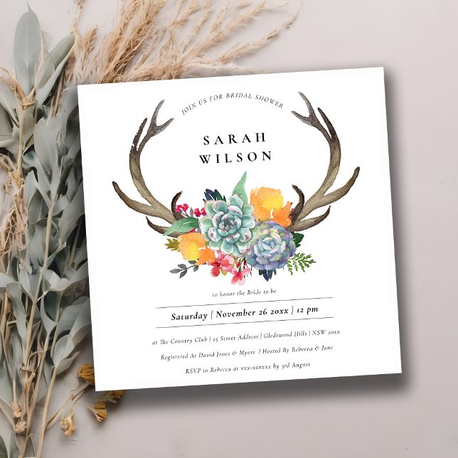 Invitation Fête des mariées FLORALE SUCCULENTE ANTLER BOHEMIA (Créateur téléchargé)