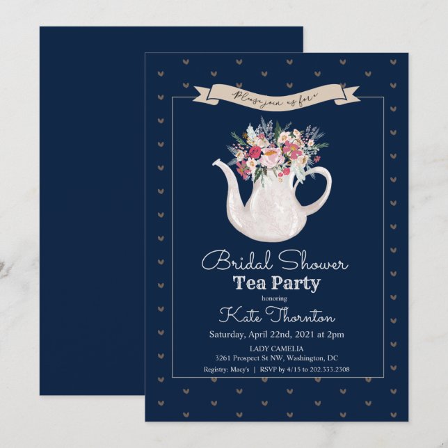 Invitation Fête des mariées Florale Teapot Tea Party (Devant / Derrière)