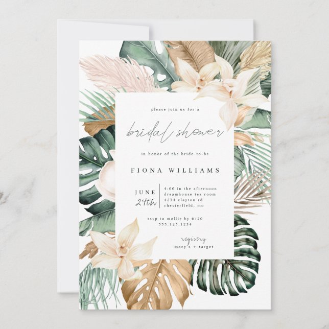 Invitation Fête des mariées florale tropicale d'or (Devant)