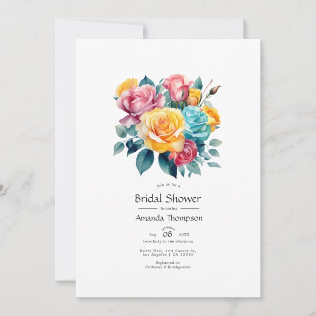 Invitation Fête des mariées florale turquoise, jaune et rose (Devant)