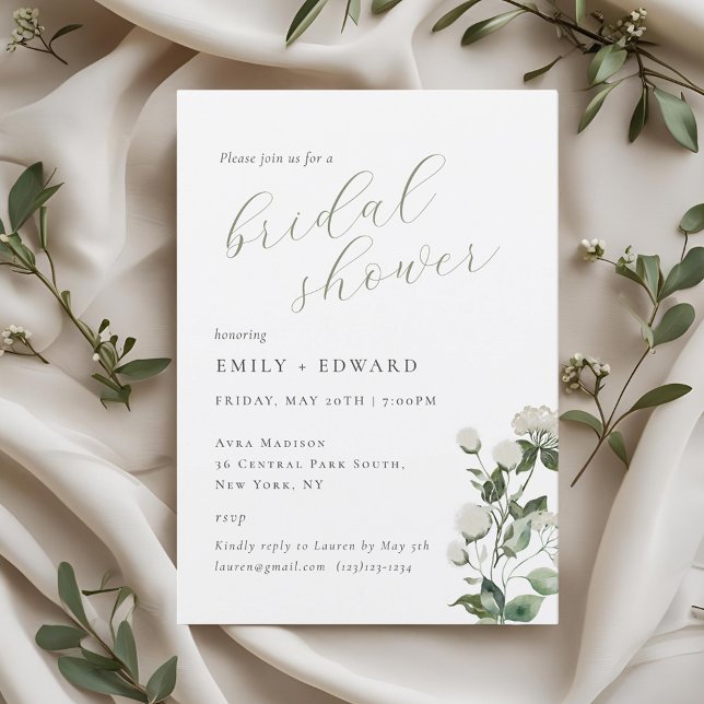 Invitation Fête des mariées florale verte et blanche Sage (Créateur téléchargé)
