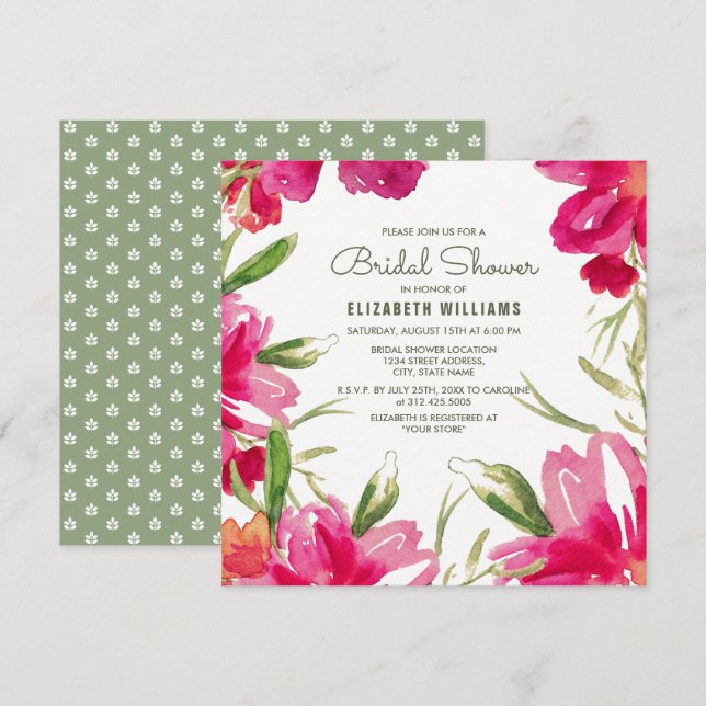 Invitation Fête des mariées florale verte romantique Fuchsia (Devant / Derrière)