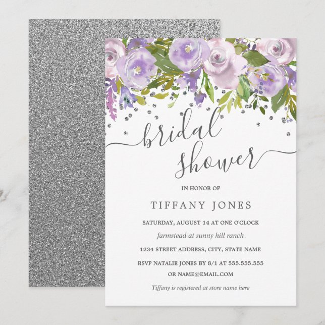 Invitation Fête des mariées florale violet en argent Confetti (Devant / Derrière)