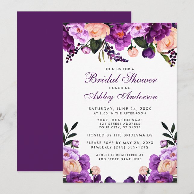 Invitation Fête des mariées florale violet Ultra violet Invit (Devant / Derrière)