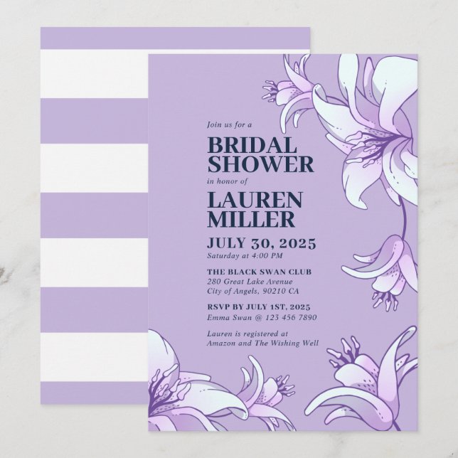 Invitation Fête des mariées florale violette blanche Lily (Devant / Derrière)