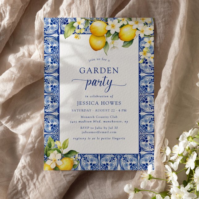 Invitation Fête des mariées Garden Party Blue & Lemons (Créateur téléchargé)