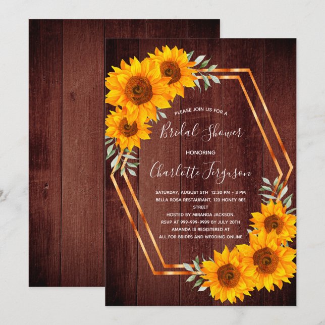 Invitation Fête des mariées géométrique en bois de tournesol  (Devant / Derrière)