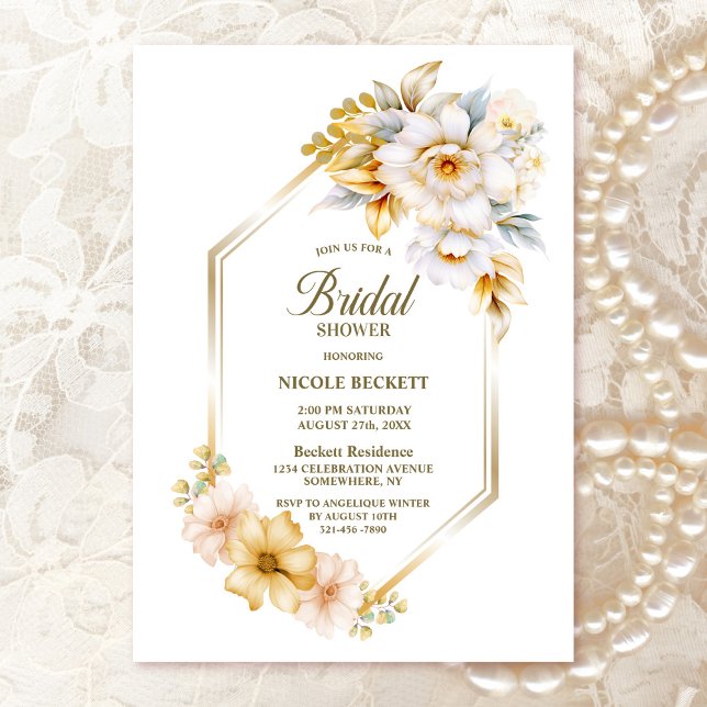 Invitation Fête des mariées géométrique Florale d'or blanc (Créateur téléchargé)
