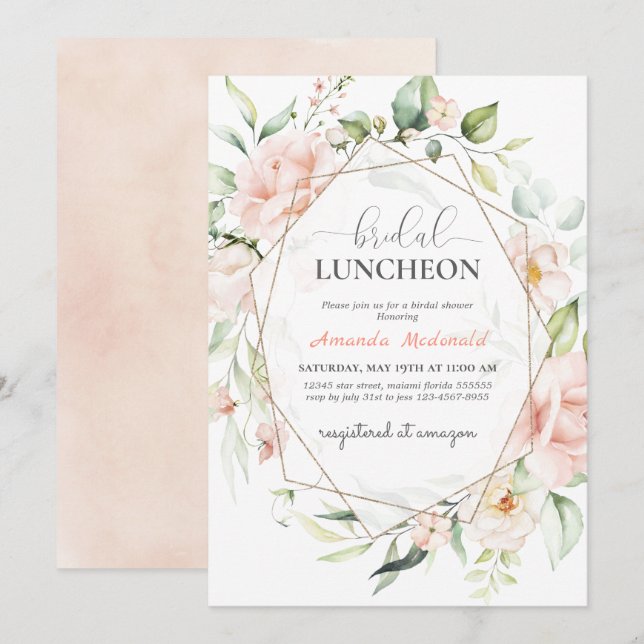 Invitation Fête des mariées géométrique florale rose pâle (Devant / Derrière)