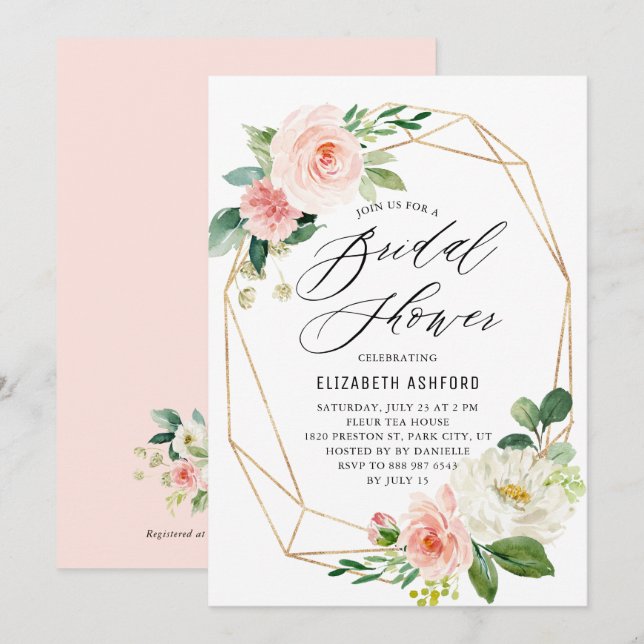 Invitation Fête des mariées géométrique Gold Frame Rose Flora (Devant / Derrière)