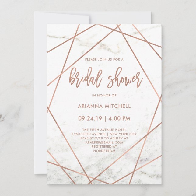 Invitation Fête des mariées géométrique Rose et marbre (Devant)