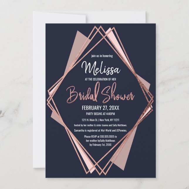 Invitation Fête des mariées géométrique rose Gold Navy Blue M (Devant)