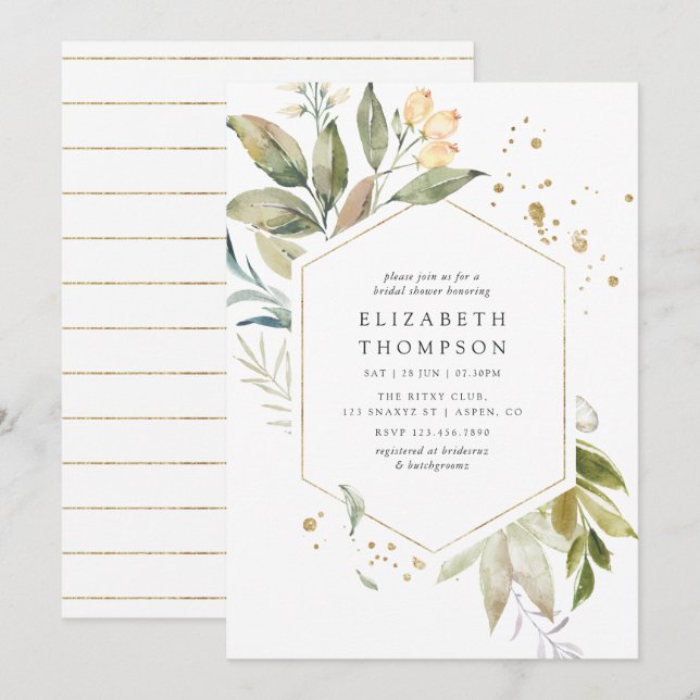 Invitation Fête des mariées géométrique Serenity Greenery (Devant / Derrière)