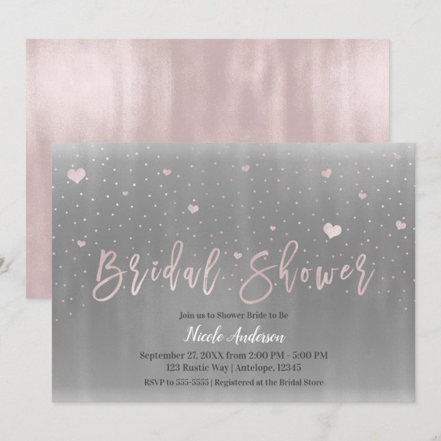 Invitation Fête des mariées Glam moderne Coeurs gris argenté  (Devant / Derrière)