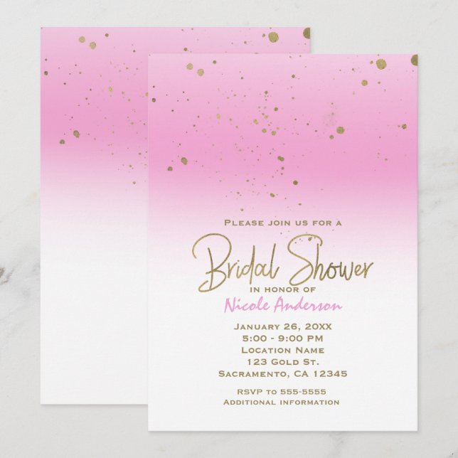 Invitation Fête des mariées Glam moderne rose & or Élégant (Devant / Derrière)