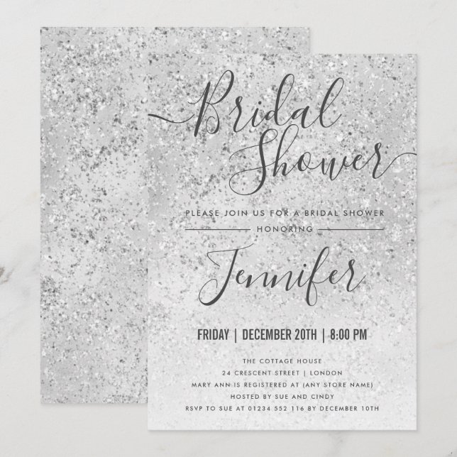 Invitation Fête des mariées Glam Parties scintillant argent (Devant / Derrière)