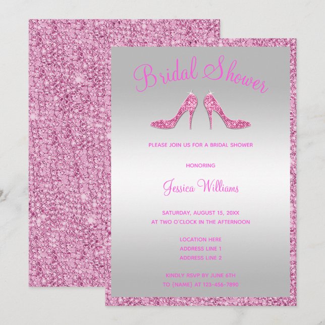 Invitation Fête des mariées Glitzy Pink Sequins & Stilettos (Devant / Derrière)
