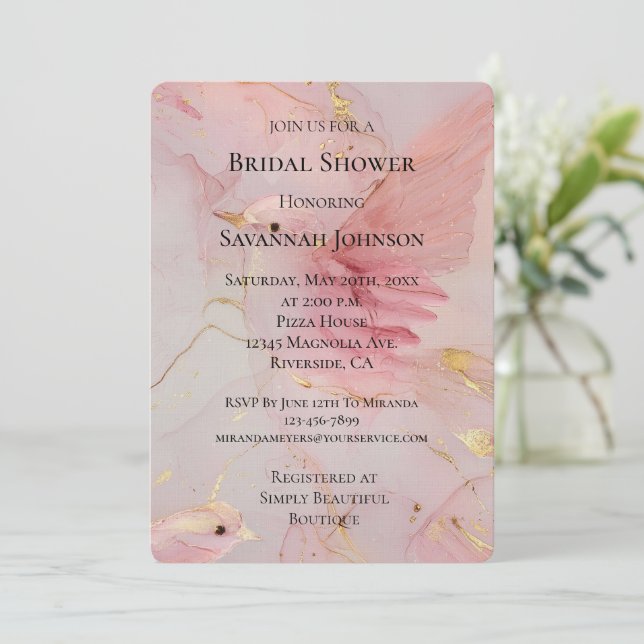 Invitation Fête des mariées Gold Blush Pink Birds (Debout devant)