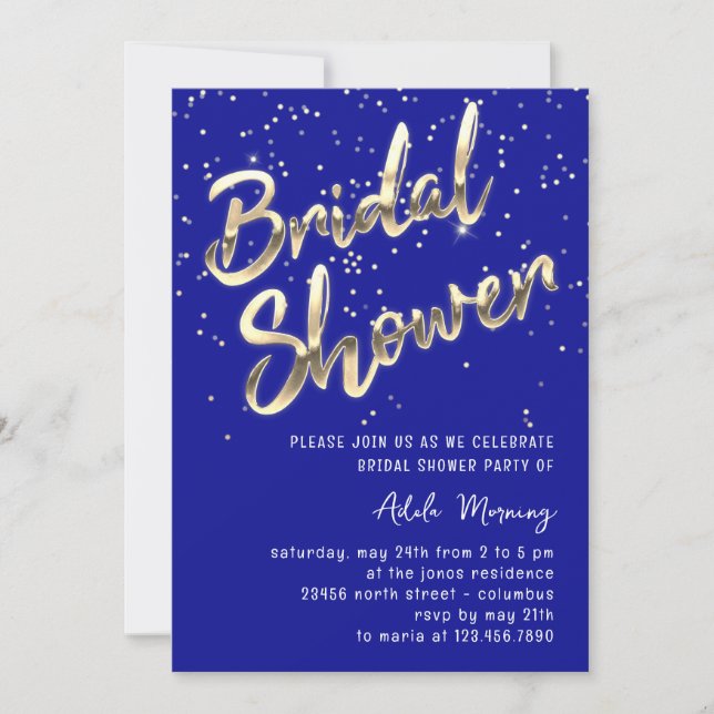 Invitation Fête des mariées Gold Confetti Script Royal Blue (Devant)