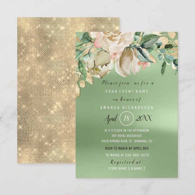 Invitation Fête des mariées Gold Flower Brunch Mint Green (Devant / Derrière)
