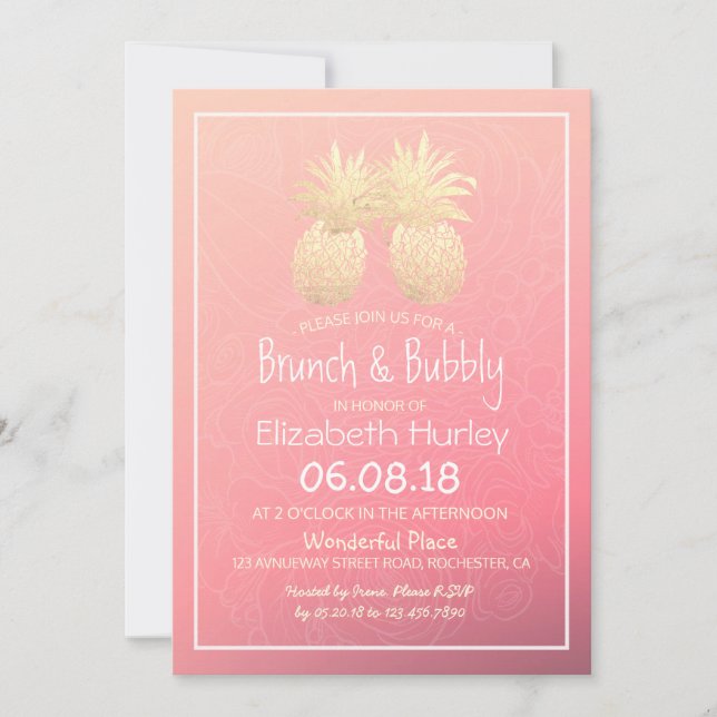 Invitation Fête des mariées Gold Foil Ananas Couple Rose rose (Devant)