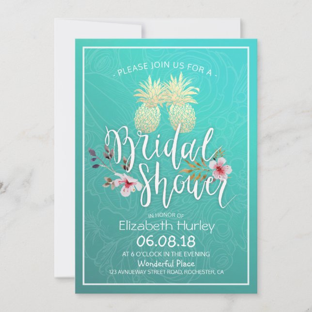 Invitation Fête des mariées Gold Foil Ananas Couple Turquoise (Devant)