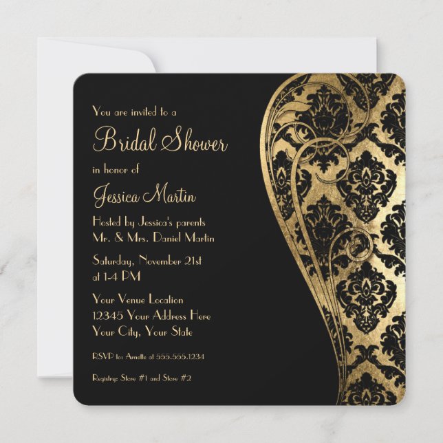 Invitation Fête des mariées Gold Leaf Look Damask Scroll Invi (Devant)