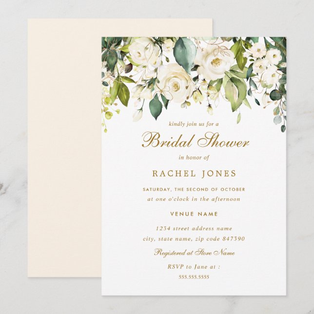 Invitation Fête des mariées Gold White Rose (Devant / Derrière)