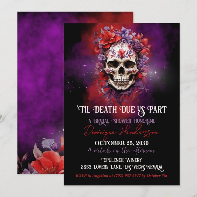 Invitation Fête des mariées gothique d'Halloween au crâne flo (Devant / Derrière)