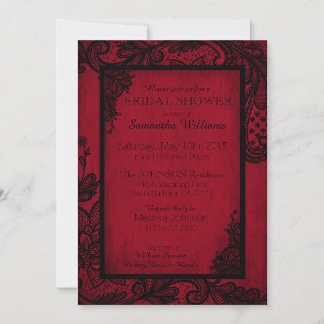Invitation Fête des mariées gothique en dentelle rouge et noi (Devant)
