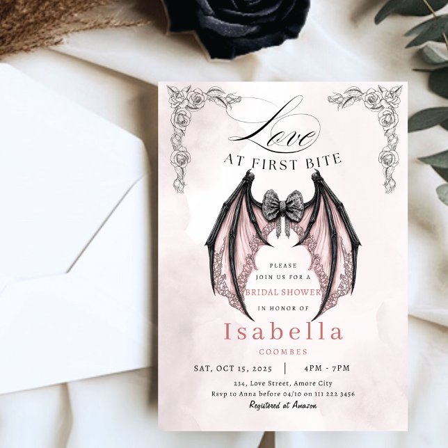 Invitation Fête des mariées gothique foncé Coquette Batty Hal (Dark Gothic Bridal Shower Coquette Batty Halloween Invitation)